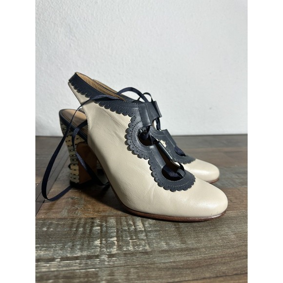 JOHN FLUEVOG Miracles Levitation Cream Blue Tie Heel Luxury Leather Shoes 7 - Picture 3 of 8